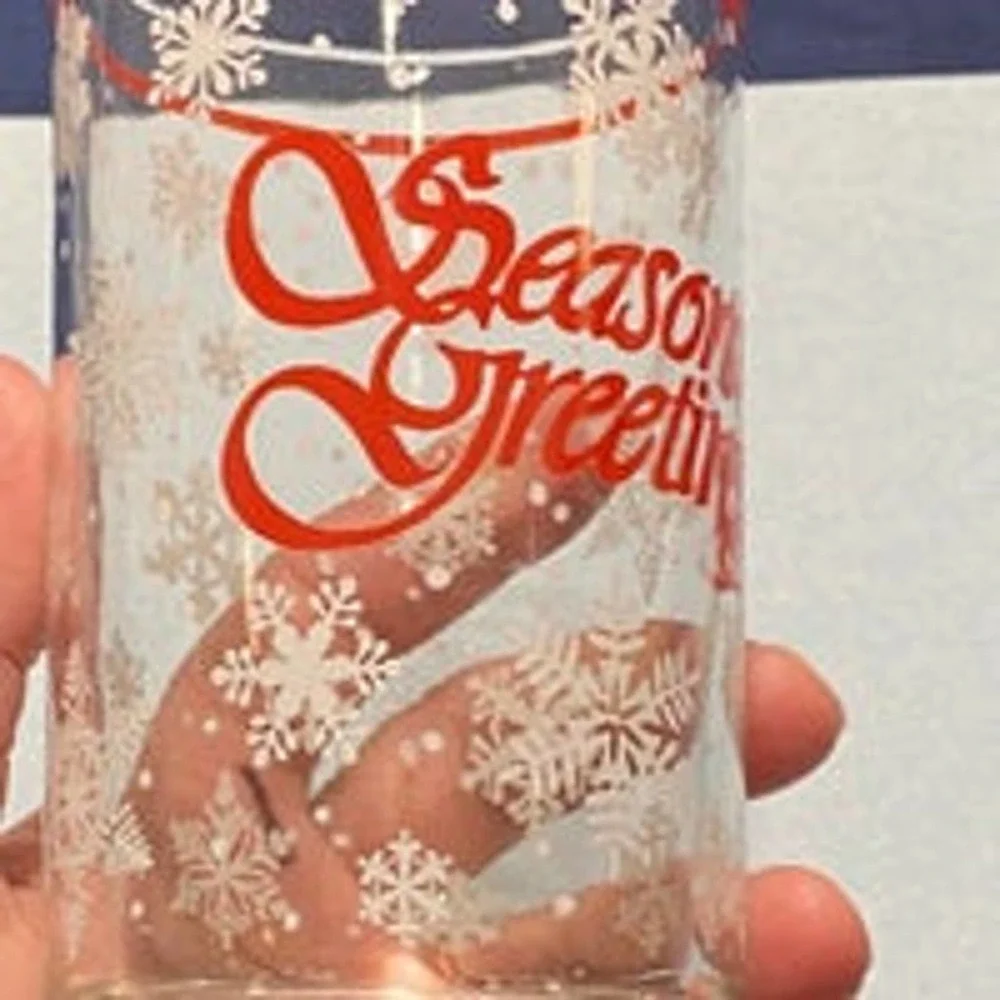Set of two Season's Greetings holiday drinking glasses, retro Christmas snowflak